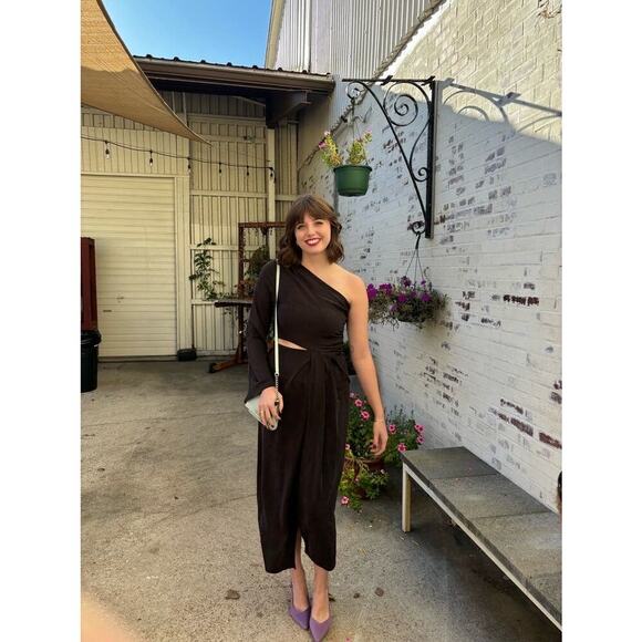 SOMETHING NAVY Black Jersey One Shoulder Long Sleeve Mid-Cutout Gown Medium - Picture 3 of 16